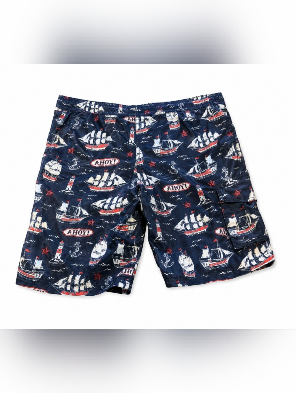 Hatley Men’s Nautical Swim Trunks Medium Blue AHOY Sailboat Lighthouse Board